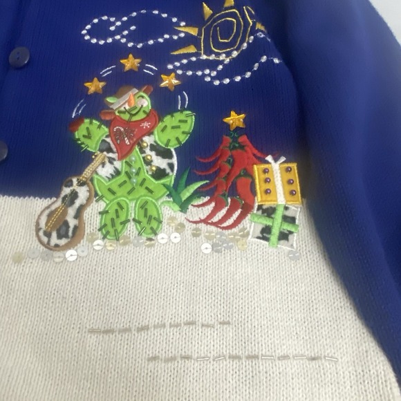 CRYSTAL KOBE WOMANS Sz S BLUE KNIT SWEATER CARDIGAN CHRISTMAS CACTUS - Picture 6 of 8
